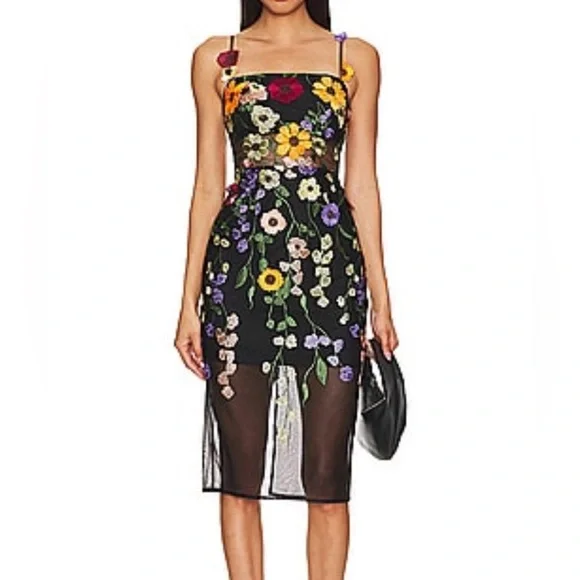 BCBGMaxAzria Black Mesh Dress w. Multicolor Floral Embroidery - W Size 10 - NWT. - Picture 1 of 14